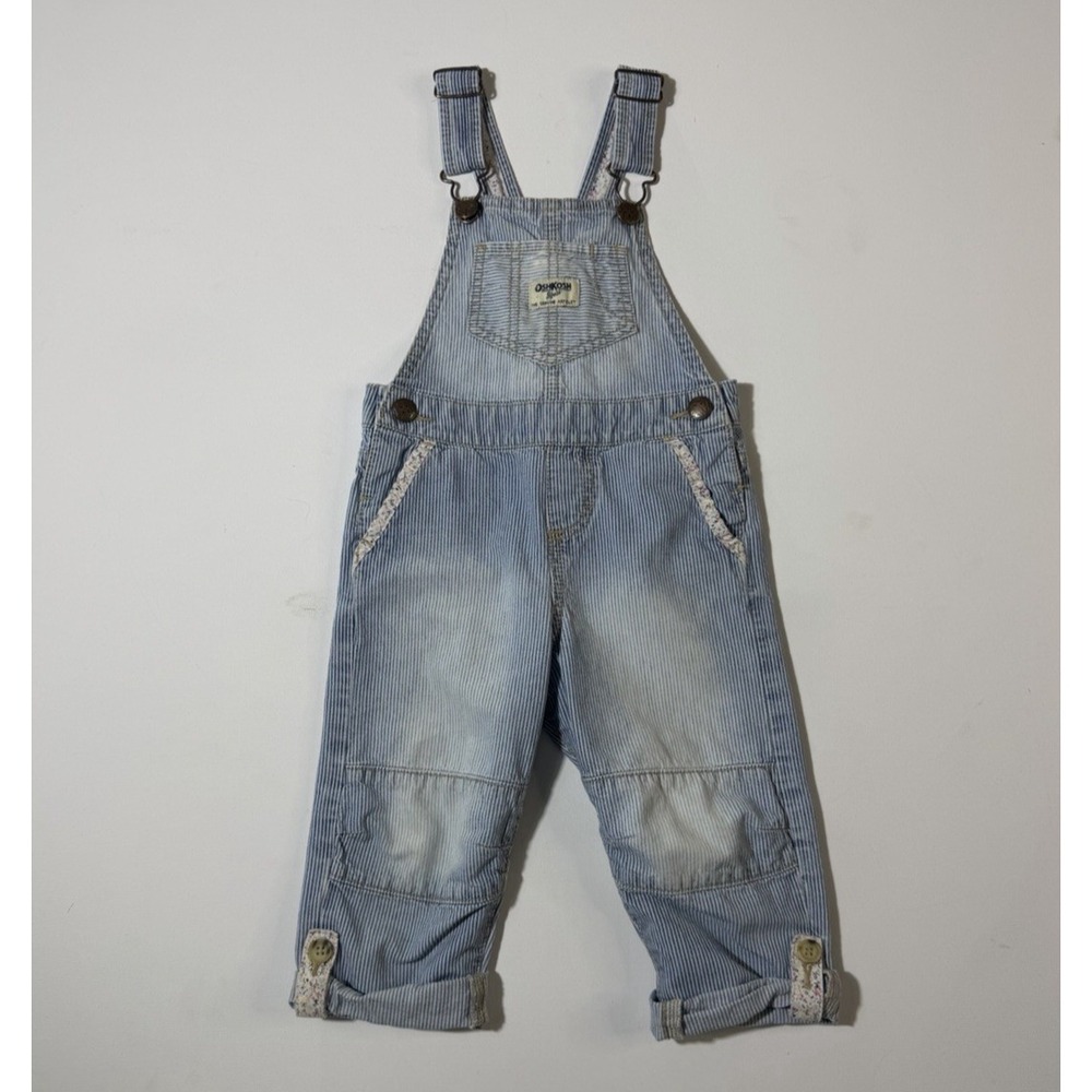 Toddler Girls OshKosh B'gosh 3T Railroad Blue White Floral 100% Cotton Overalls